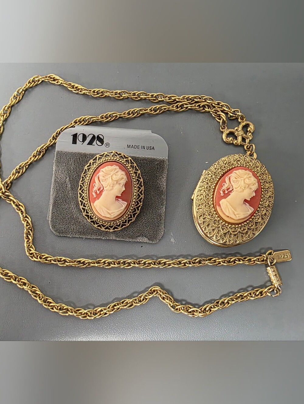 Set - Vintage Gold & Coral Cameo Locket Necklace & Matching Brooch